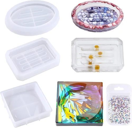 Vista 8 de NiArt Paquete de 2 jaboneras ovaladas y rectangulares facetadas, molde de silicona de resina epoxi+kit de lentejuelas de estrella, bandeja