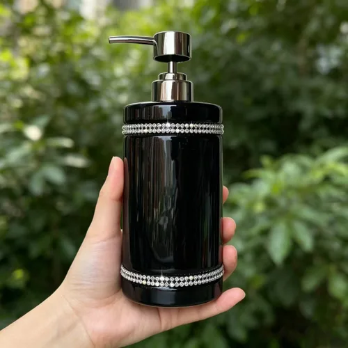 Vista 2 de Dispensador de jabón de cerámica negra con bomba plateada para baño, dispensador de jabón líquido de manos recargable, diseño de moissanita