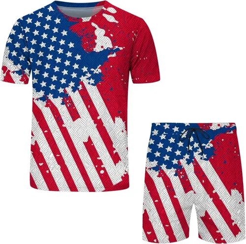 Vista 4 de Traje deportivo casual para hombre, diseño de bandera estadounidense, 2 piezas, conjunto de chándal para el 4 de julio, conjunto de camiseta