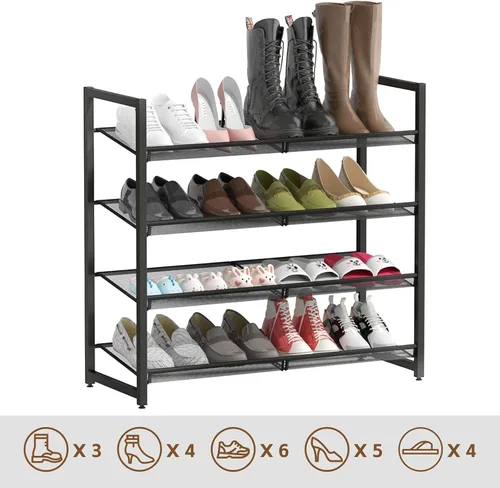 Vista 4 de Zapatero de metal para armario, entrada, organizador de zapatos de 4 niveles, estantes planos o angulares ajustables, capacidad para hasta 20 pares