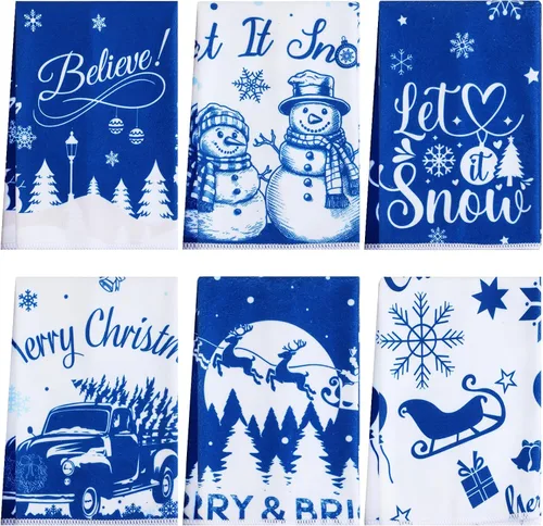 Vista 9 de Ganeen 6 toallas de mano navideñas para baño, 12 x 18 pulgadas, juego de toallas de cocina de muñeco de nieve azul, juego de toallas decorativas
