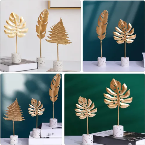 Vista 5 de ARTIBETTER Escultura de mesa artificial de hojas rústicas sin Monstera, adornos dorados, gabinete de oficina, estatua hawaiana, escritorio