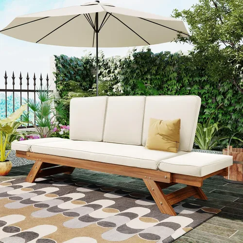 Vista 9 de Harper & Bright Designs Sofá convertible al aire libre con reposabrazos ajustable, sofá de madera maciza para patio con cojines, acabado Acabado