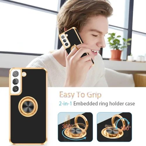 Vista 5 de Fingic Compatible con Samsung Galaxy S22 Funda con Soporte de Anillo, [Soporte de Anillo Giratorio 360° Magnético con Kickstand][Borde Dorado