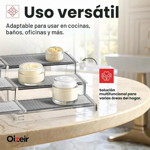 Vista 5 de Oizeir Estante organizador de especias expandible – 3 niveles – Estante transparente ajustable para organización de especias para armario de cocina