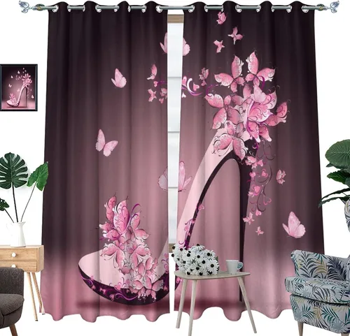 Vista 3 de Cortinas de tacón alto con estampado de mariposas y estampado de mariposas, aislamiento térmico, reducción de ruido para sala de estar, con ojales