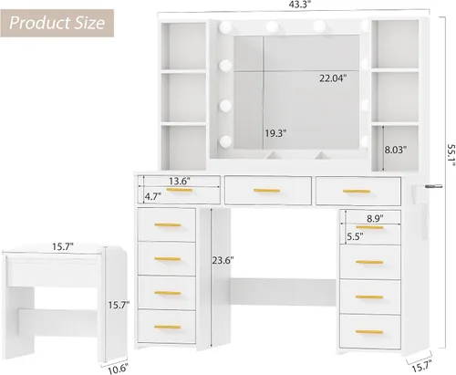 Vista 7 de Mesa de tocador de maquillaje ANWBROAD con espejo y luces, mesa de tocador blanca con toma de corriente, 11 cajones, 9 estantes, 3 modos