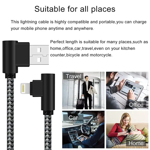 Vista 6 de Cargador para iPhone de 1 pie, certificado MFi, cable Lightning trenzado, cable de carga de codo de 90 grados, compatible con iPhone 14 13 12 11 Pro