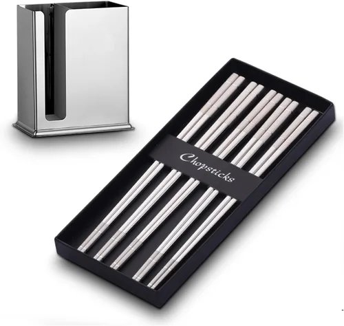 Vista 11 de DOCBLACK Palillos de acero inoxidable con soporte para palillos, estante de secado de utensilios, 5 pares de palillos reutilizables aptos
