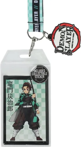 Vista 2 de Demon Slayer Tanjiro - Correa sublimada con soporte para identificación y dije de goma con cordón de anime OSFM