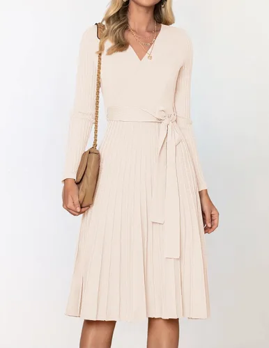 Vista 4 de ZESICA Vestido de Suéter para Mujer de Otoño de Manga Larga con Cuello en V Envolvente de Punto Acanalado Plisado Línea A Pullover con Cinturón