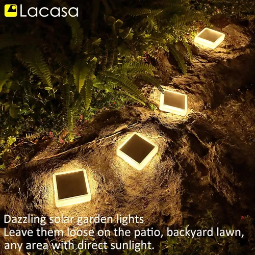 Vista 4 de Lacasa – Luces de terraza solares, paquete de 4 luces LED de 30LM para muelle, blanco cálido 2700K, luces de escalones exteriores alimentadas por