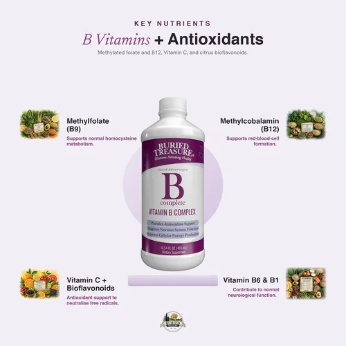 Vista 3 de Buried Treasure B Complete - Complejo líquido de vitamina B con metilcobalamina B12 y metilfolato B9, biotina, B1, B2, B3, B5, B6, líquido y sin