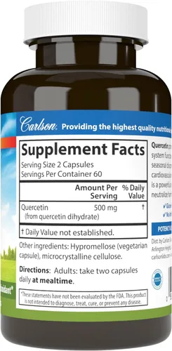 Vista 2 de Carlson - Quercetina, 500 mg, Apoyo estacional, salud de la piel, bienestar óptimo, 120 cápsulas vegetarianas