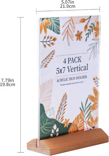 Vista 2 de Paquete de 4 soportes acrílicos de 5 x 7 pulgadas con parte trasera inclinada, marco de acrílico transparente en forma de T, base de madera, soporte
