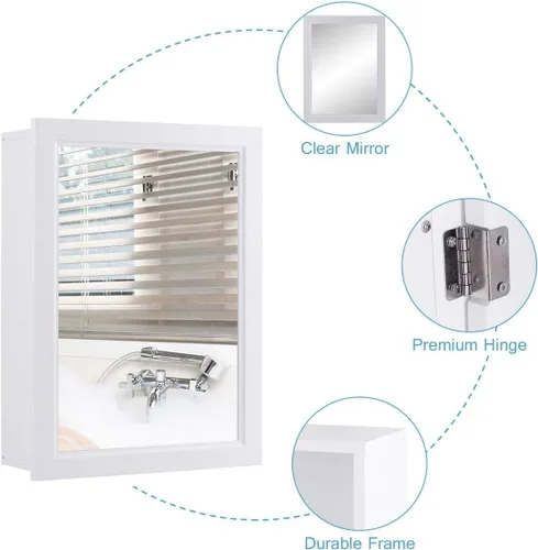 Vista 6 de GOFLAME Botiquín de baño, armario de almacenamiento con espejo de montaje en pared con una sola puerta y estante ajustable, organizador de madera
