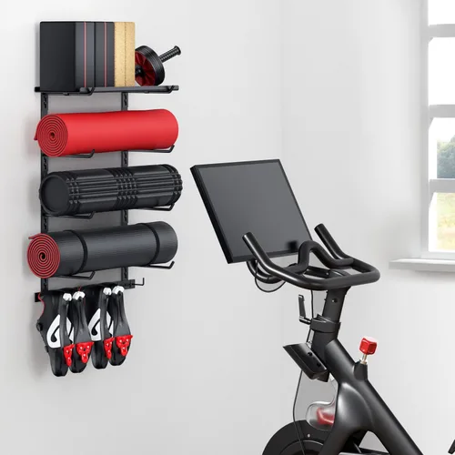 Vista 6 de Solo Estante de Almacenamiento para Gimnasio en Casa, Organizador Ajustable de Equipo de Gimnasio Montado en la Pared con 1 Tablero, Soporte