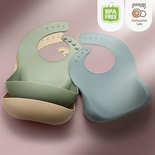Vista 7 de Eascrozn Juego de 3 baberos de silicona para bebés y niños pequeños, sin BPA, suaves y ajustables impermeables para alimentos esenciales