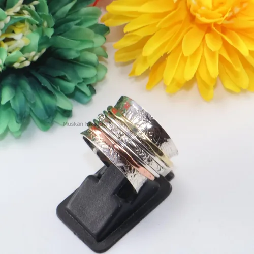 Vista 8 de Solid 925 Sterling Silver Flower Floral Three Tone Hammered Meditation Spinner Ring For WomenGirls