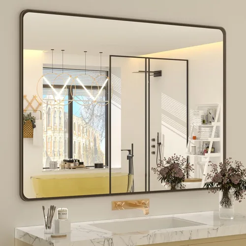 Vista 8 de OKPAL - Espejo de tocador de baño de 20x24 pulgadas con marco de metal cepillado en bronce, espejo de baño con marco de metal cepillado en bronce