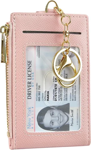 Vista 16 de Tarjetero de cuero para mujer, con bloqueo RFID, delgado y pequeño, con cremallera, llavero, bolsillo frontal, con 2 ventanas para identificación