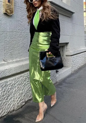 Vista 5 de YOOTIKO Falda de cuero metálica para mujer, cintura alta, entallada, casual, para trabajo, falda larga con abertura, elegante