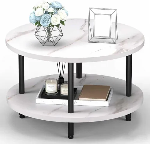 Vista 9 de Mesa de Café FAMIDGE, Mesas de Café de 23.6" para Sala de Estar, Mesa de Café Redonda con Marco de Metal, Mesa de Piso para Sentarse en el Suelo