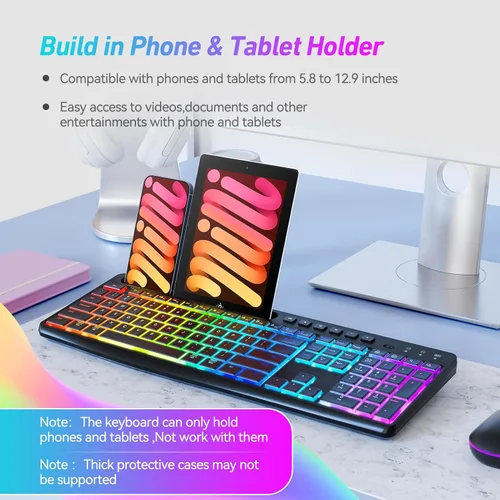 Vista 3 de Combo de teclado y mouse inalámbricos con retroiluminación, teclado recargable de 2.4 GHz con soporte para tableta de teléfono, 11 teclas de acceso