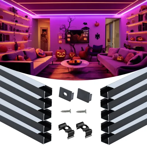 Vista 16 de Muzata Paquete de 10 unidades de 6.6 pies/6.6 ft con sistema de canal LED negro en forma de U con cubierta de difusor blanco lechoso esmerilado