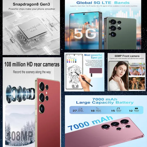 Vista 5 de G25 Ultra 5G teléfono inteligente desbloqueado con S Pen 8GB+256GB Batería de larga duración de 7000mAh Pantalla FHD+ 120Hz de 7.3 pulgadas