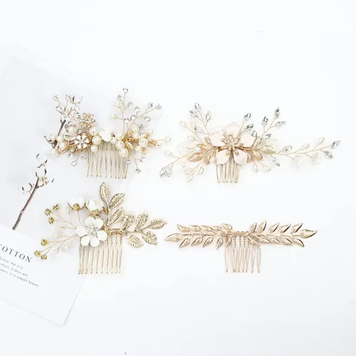 Vista 6 de inSowni 36 Pack Horquillas para el pelo de novia con flores doradas y hojas, peines laterales para el pelo de novia+pinzas para el pelo