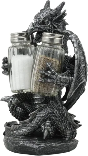Vista 3 de Ebros Gift Juego de salero y pimentero gótico medieval, color negro, semimetálico, negro, estatua de 7.75 pulgadas de alto, figura de dragón