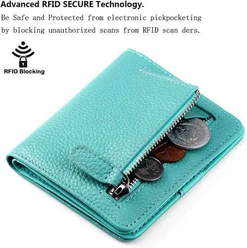 Vista 3 de Funtor Cartera de cuero para mujer, pequeña y compacta, con bolsillo doble, bloqueo RFID, para mujer