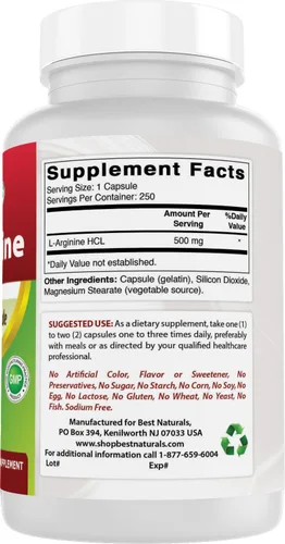 Vista 6 de Best Naturals L-Arginina 500mg 250 Cápsulas - Suplemento de arginina de grado L farmacéutico promueve la síntesis de óxido nítrico