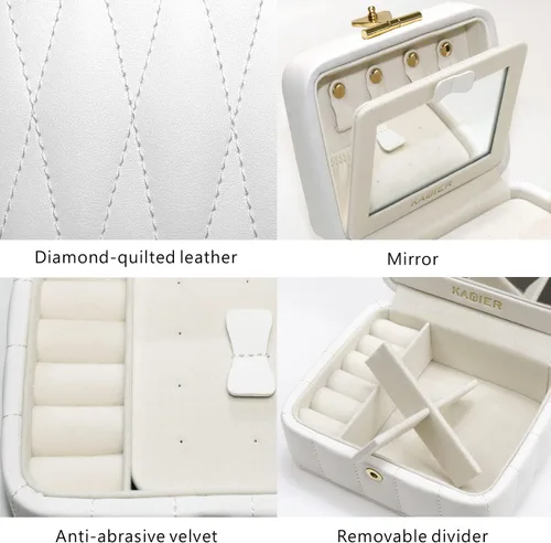 Vista 5 de KAMIER Organizador de joyas de viaje, caja organizadora de joyas de viaje de cuero acolchado con diamante, caja de joyería pequeña para mujer