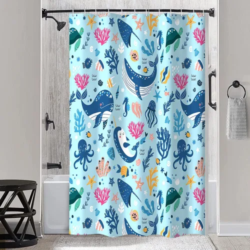 Vista 7 de Cortina de ducha náutica para niños, azul bohemio, océano, tiburón, abstracto, dibujos animados, decoración de baño, con cortinas de ducha de tela