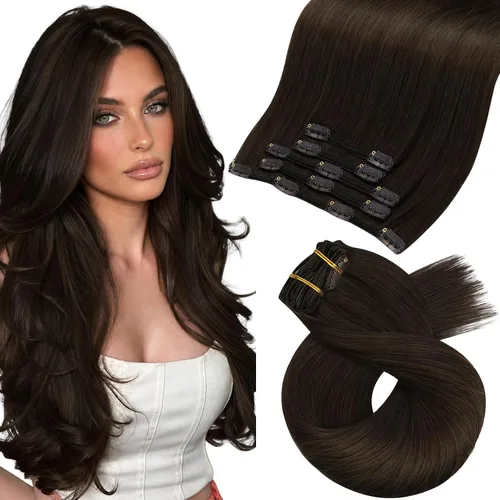 Vista 108 de Moresoo Extensiones de cabello humano con clip, balayage, color marrón oscuro a marrón dorado con clip, extensiones de cabello humano con clip, 5