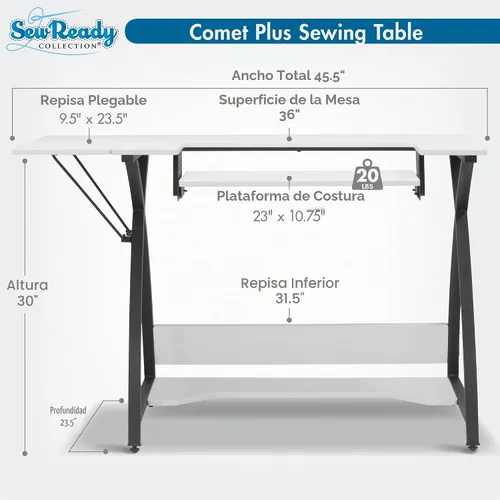 Vista 3 de Comet Plus - Mesa de costura y pasatiempos con estante lateral e inferior, también se puede utilizar como escritorio de computadora