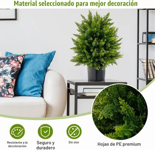 Vista 3 de Goplus Árbol de bola de cedro artificial de 21.5 pulgadas, juego de 2 plantas artificiales en maceta, arbustos artificiales con maceta de cemento
