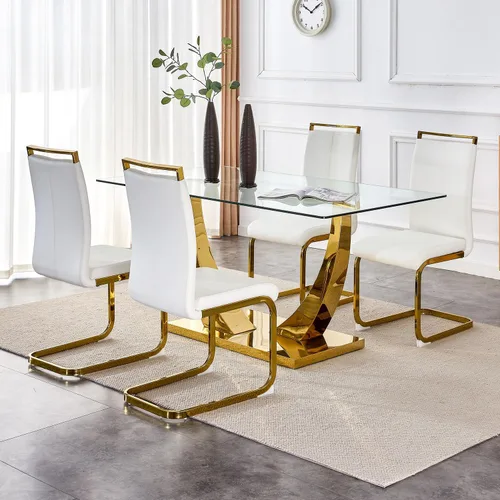 Vista 15 de Juego de mesa de comedor de 63 pulgadas para 4, juego de mesa de comedor dorado moderno para 4, juego de mesa de cocina de mármol sintético