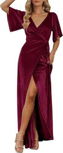 Vista 11 de MEROKEETY Vestido largo de terciopelo con cuello en V para mujer, invitada Negro