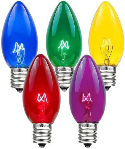 Vista 17 de Novelty Lights Paquete de 5 bombillas de repuesto C7 para exteriores, transparentes E12 Candelabra Base, 5 Watt, Transparent Incandescent Lamps