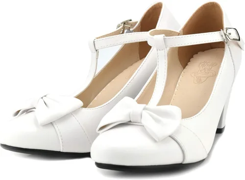 Vista 7 de Women Bow Vintage Shoes Block Black High Heels Mary Janes Closed Toe T-Strap Pumps Comfort Rockabilly Shoes