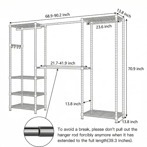 Vista 2 de BATHWA - Perchero de alta resistencia independiente para espacio de 68.9 a 90.2 pulgadas Expandable Clothing Storage, Adjustable 6 Shelves, 4