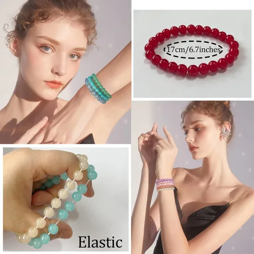 Vista 2 de WAINIS 24 pulseras de cuentas de cristal de 0.315 pulgadas para mujer, elásticas y redondas, pulseras curativas, multicolor, hechas a mano, apilables