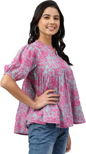 Vista 5 de Janasya Indian Georgette - Camiseta acampanada con estampado digital rosa para mujer