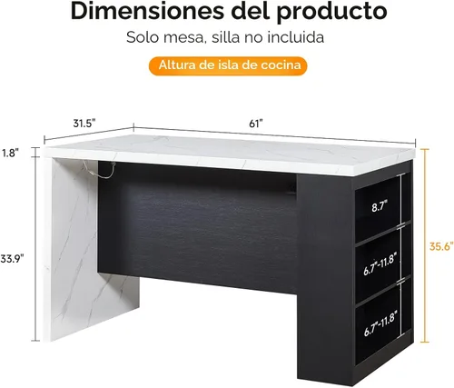 Vista 2 de ONBRILL Mesa completa de mesa de isla de cocina de 61 x 31 pulgadas con espacio de almacenamiento, toma de corriente y luces LED, mesa de comedor