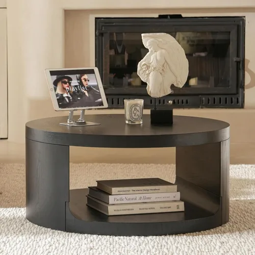 Vista 8 de Mesa auxiliar redonda con almacenamiento, mesa moderna de sala de estar de 31 pulgadas, mesas centrales de madera circulares de 2 niveles para Rosa