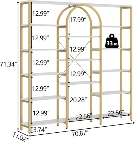Vista 2 de Gyfimoie Estantería dorada triple ancha, 70.87 pulgadas de ancho x 71.34 pulgadas de alto, estantería grande y moderna Etagere con estantes abiertos