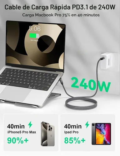 Vista 2 de XAOSUN Cable USB C Corto de Ángulo Recto, Cable USB C a USB C de 240 W 1.6 pies, Cable USB C 3.2 de 90 Grados 20 Gbps Datos Vídeo 4K Cable de Carga